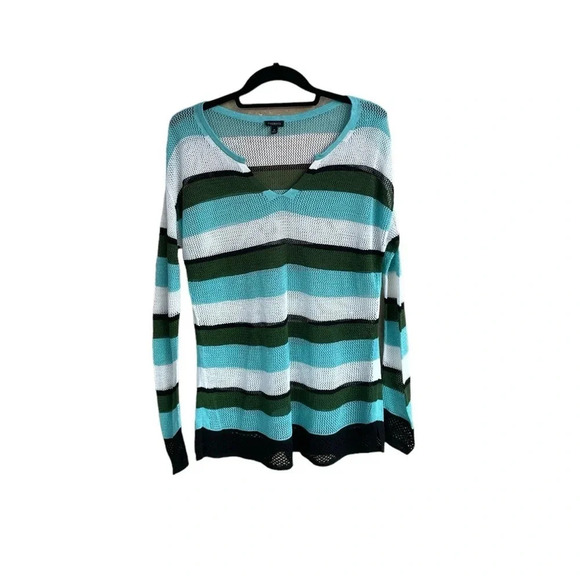 Talbots Stripe Mesh Sweater Split Neck Pullover Long Sleeve Size M - Picture 1 of 11